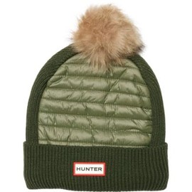 Hunter Baffle Stitch Insulated Adult Beanie with Faux Fur Pom, Quilted Design, MAA (Olive) Green