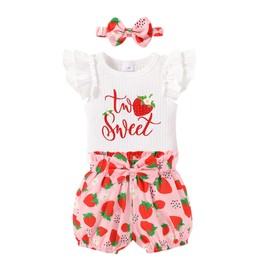 Happy Town Toddler Baby Girl Two Sweet 2nd Birthday Outfits Shorts Set Bowknot 2T Shirts Summer Clothes with Headband (2-3T,Strawberry Two Sweet)