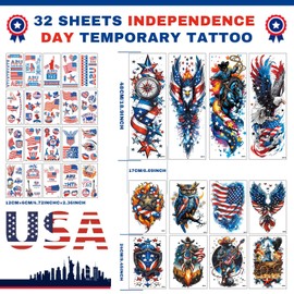 32 Sheets Independence Day Temporary Tattoos, USA Flag Patriotic Waterproof Fake Tattoos, Red White Blue Party Supplies Temp Tattoo Kits 4th of July Memorial Day, Veterans Day, Summer Festivals