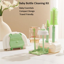 Baby Bottle Drying Rack and Cleaning Set, 7 in 1 Bottle Cleaning Brush Set with Silicone Bottle Brush, Straw Brush, Nipple Brush, Soap Dispenser, Storage Box, Drying Rack for Baby Bottle (Green)