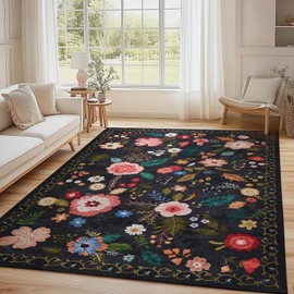 5x7 Rugs for Living Room, Area Rug Floral Vintage Rugs for Bedroom Non-Slip Non Shedding Indoor Floor Rug, Low Pile Foldable Stain Resistant Carpet for Dining Room, Office, Home Decor, Black