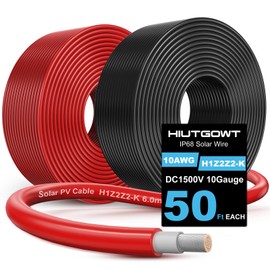 Hiutgowt 10AWG Solar Wire, Solar Cable 50Ft, Solar Extension Cable, Solar Panel Wire, 10 Gauge Wire Tinned Copper PV Wire for Home Boat RV Solar Panels Charger Controller Battery Inverter