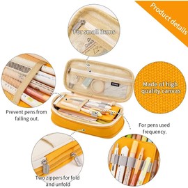 Gran estuche para lápices, lapicera de lona con capacidad expandible y 4 compartimientos. Ideal como organizador de papelería para la escuela, oficina o trabajo (color Amarillo)
