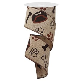 Cintago Dog Paw and Bone Print Wired Ribbon, Burlap Dog Ribbon with Wired Edge, 2.5 Inch x 10 Yards/ 30 Feet (Brown)