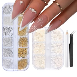 LunarCharm Pack of 2 Nail Art Beads with Tweezers Flat Back Beads Nail Charms Gold Silver Nail Art Supplies Design Nail Accessories Rhinestone Mixed Rhinestones Nails