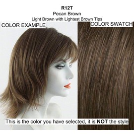 Voltage Petite Cap Wig Color R12T PECAN BROWN - 5" Short Bold Textured Layers Vibralite Synthetic Fiber Wispy Bangs Capless Flared Neckline Women Bundle MaxWigs Hairloss Booklet