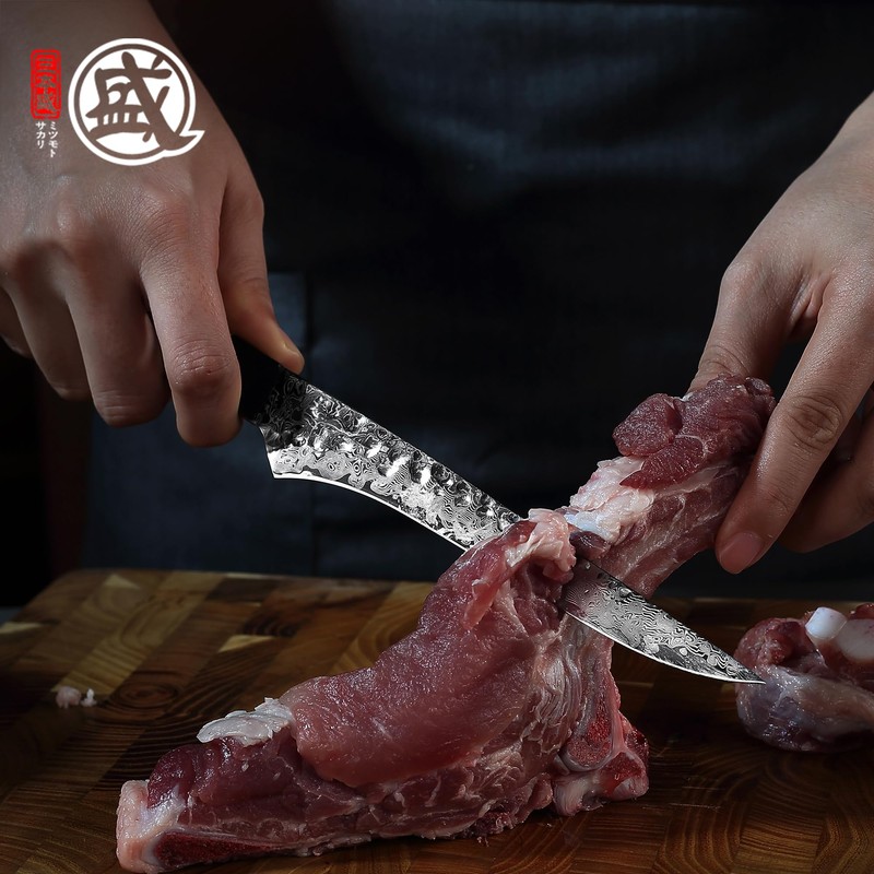 MITSUMOTO SAKARI Japanese Boning Knife, Hand-Forged Damascus Kitchen Knives