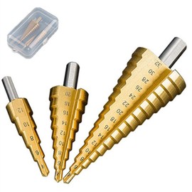 Surplex 3 pcs HSS Step Cone Drill Bits, Titanium Coated, 4-12/4-20/4-32 mm All-in-One High Speed Steel Step Drill Bits Set for Wood, Sheet Metal, PVC and Thin Metals