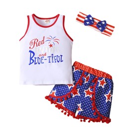 LYSMuch - Conjunto de playera de tirantes para niños (4 de julio, ropa de día de la independencia para niña), Rojo Blanco y Azul, 3T / 4T