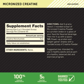 Optimum Nutrition Creatine, Micronized Creatine Monohydrate Powder, Supports Strength & Recovery, Banned Substance Tested, Unflavored, 5g per Serving, 60 Servings