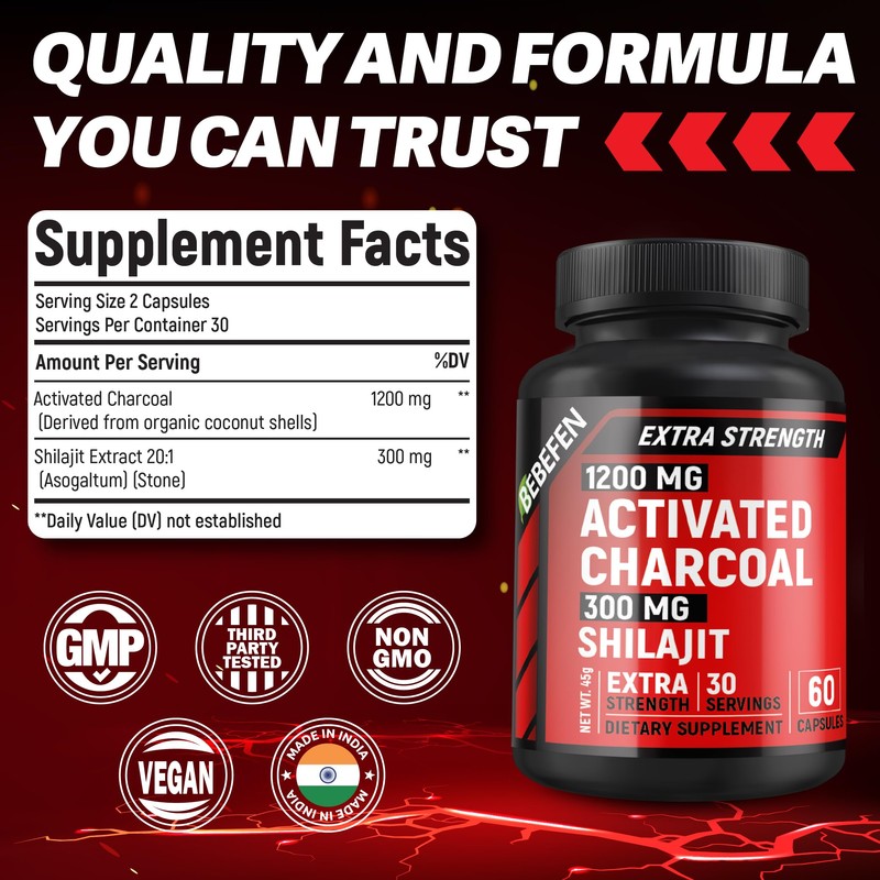 Activated Charcoal 1,200mg Per Serving by BEBEFEN | Enhanced with