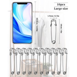 QUJUFIND 10 Pack 4 inch Stainless Steel Large Safety Pins, for Clothes Leather Canvas Blankets Crafts Skirts Kilts, Extra Large Heavy Duty Safety Pins - Silver