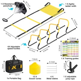BORNEW Agility Speed Training Equipment Set - 20ft Speed Ladder, 12 Cones, 4 Adjustable Hurdles, Jump Rope, Parachute, Ideal for Basketball, Football, Soccer, for Kids, Youth, Adults