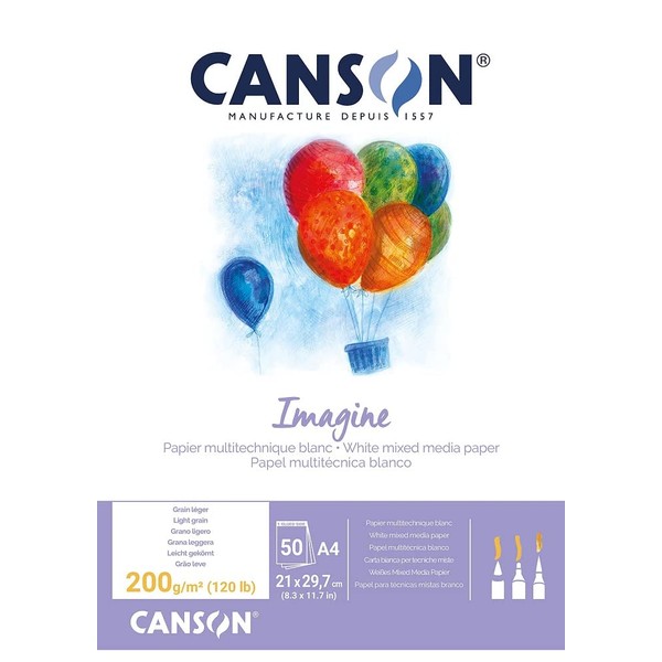 Canson Imagine Mixed Media 200gsm Paper, Natural White, A4 pad Including 50 Sheets