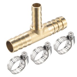 MECCANIXITY Brass Hose Barb Fitting 3/8" x 3/8" x 1/4" OD Tee Pipe Connector with Stainless Steel Hose Clamps 2 Set