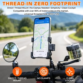 SHEJISI Motorcycle Phone Mount for M10x1.25 Rearview Mirror Mount Hole, Plug-and-Play Space-Saving, Aluminum Alloy One-Click Lock, 360° Rotation, Universal fits 5.5"-7.2" Phones & Action Cameras