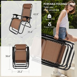 LUCKYERMORE Adjustable Zero Gravity Chairs Set of 2, Textilene Outdoor Folding Reclining Lounge Chairs with Pillow, 300lbs Capacity, Portable Poolside, Beach & Lawn Chairs, Brown