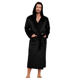 EK4YDNDS Mens Hooded Fleece Robe, Lightweight Soft Warm Fleece Bathrobe Shower Spa Long Robe With Pockets(Black,2XL/3XL)
