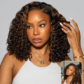 yuccy #4/27 Highlight Curly BOB Wig Human Hair 13x4 HD Lace Front Wigs Pre Plucked Deep Wave Human Hair Colored Wigs Human Hair Bob Wig for Black Women 250 Density wigs (Brown, 16inch)