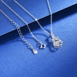 VIKILEE 925 Sterling Silver Guitar Pendant Necklace with Zircon Inlay Suitable for Good Friends and Girlfriends, Silver