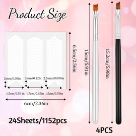 Lnngub 4 Pcs French Tip Nail Brushes Set,2 Half Moon Shape Nail Brush 2 Oblique Head French Tip Brush with 24 Sheets White Self-Adhesive V-Shaped Moon Shaped Manicure Strip Stickers for Nails