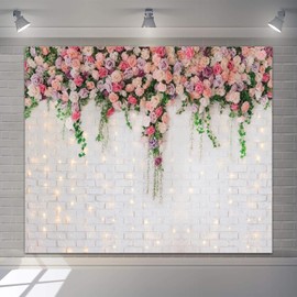 Flower Wall White Brick Backdrop 10x8ft Pink Rose Floral Wall Glitter Brick Backdrop Photography Wedding Bridal Shower Mother's Valentine's Day Anniversary Party Background Decoration Photo Props
