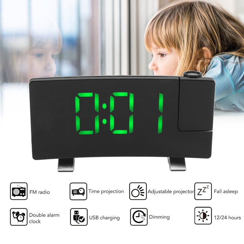 Radio Projection Alarm Clock LED Display Electronic Clock Curved Screen