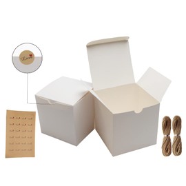 PQZKLDP 24 Packs 4x4x4 inches Fold Box Easy Assemble Small Paper Gift Box Decorative Party Favor Kraft Box with Lid for Birthday, Wedding, Anniversary, Party , with Stickers ,66 FT Twine (4*4*4 Inch, White)