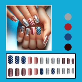 24 Pcs 4th of July Press on Nails Medium Square,YIHONGYAN Glitter Fake Nails Press ons Glossy Red Blue White Stripes Star Rhinestones Designs Full Cover Glue on Nails Acrylic Kit False Nails for Women