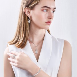 Clearine Jewellery Set for Women Silver Plated Clear Teardrop Cubic Zirconia Necklace Open Adjustable Ring Earrings Bracelet Gift for Wedding/Anniversary/Mothers Day/Christmas