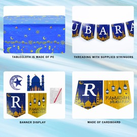 zhxinashu Ramadan Mubarak Banner - Eid Mubarak Decorations, Blue Gold Glitter Moon & Stars, Muslim Ramadan Kareem Party Decor, Islamic Eid Celebration Supplies