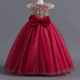 Flower Girl Sequin Lace Dresses for Wedding First Communion Dress Kids Princess Pageant Formal Party Long Maxi Dresses Big Little Girls Birthday Prom Bowknot Tulle Gowns Red - Cap Sleeve 5-6 Years