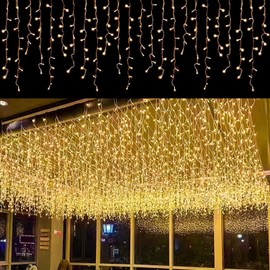 FATONESA LED Icicle Christmas Lights, 16.4FT 216 LEDs Fairy String Lights Extendable Curtain 8 Modes Dangling Twinkle Novelty Hanging Lights for Ceiling Garden Party Decorations, Warm White 5M