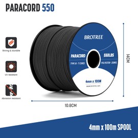 Brotree 550 Paracord 4mm 100m Rope Type III 7 Strands 100% Polyester Parachute Cord for Crafting, Camping, Outdoor, Survival - Black