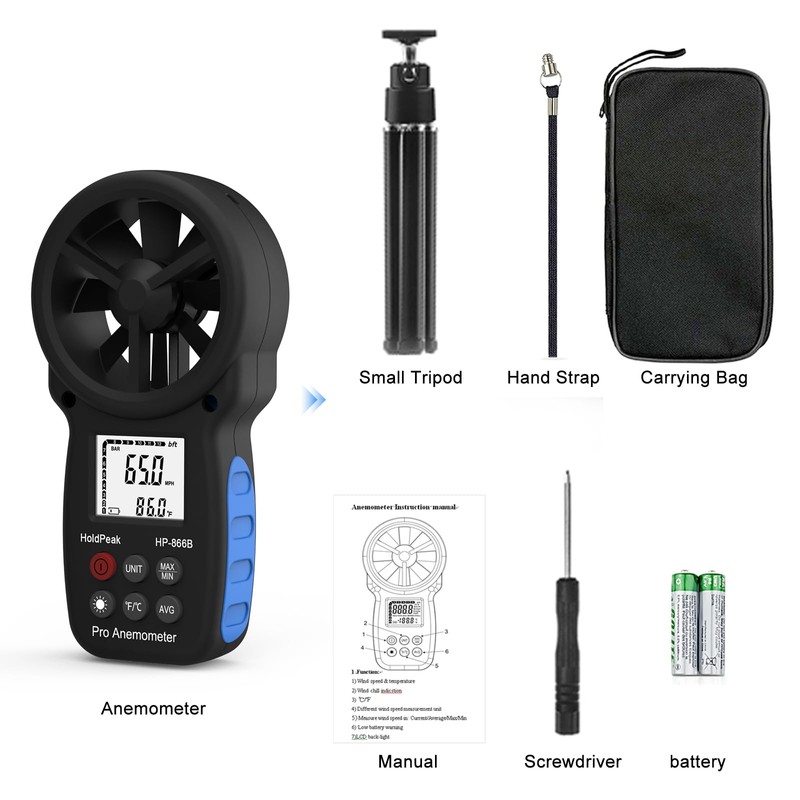HoldPeak 866B Handheld Anemometer with Tripod, Digital Wind Speed Gauge