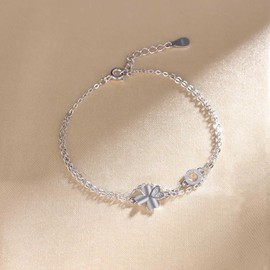 INFINIONLY Women's Silver Bracelet Creative 925 Silver Clover Cubic Zirconia Bracelets Elegant Adjustable Anchor Chain Girls Bracelet Fashion Bracelet with Circles Engraved Roman Numerals, Sterling