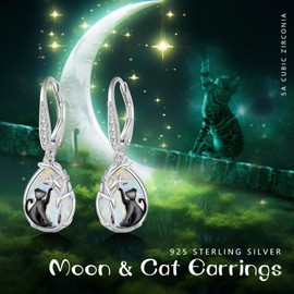 Opal Cat/Moonstone Cat Earrings 925 Sterling Silver Tree of Life Earrings Cat Earrings for Women Birthday Jewellery Gift for Cat Lovers, Silver, Opal