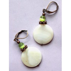 handcrafted WHITE FLAT SHELL LIME CAT EYE earring COPPER LEVERBACK artisan XX