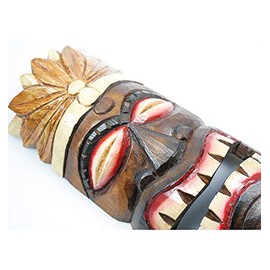 Artisanal Tiki Mask Height 30 cm Wooden Feather Design Polynesia Decoration