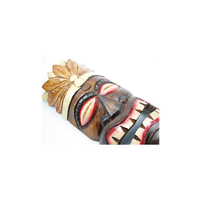 Artisanal Tiki Mask Height 30 cm Wooden Feather Design Polynesia