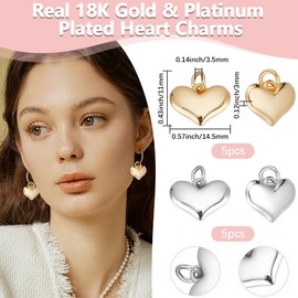 Beebeecraft 10Pcs 2 Colors Heart Charms 18K Gold Plated & Real Platinum Plated Small Love Puffed Dangle Valentine Charms with 3.5mm Jump Ring for Jewellery Making Necklaces Bracelets Diy Crafts