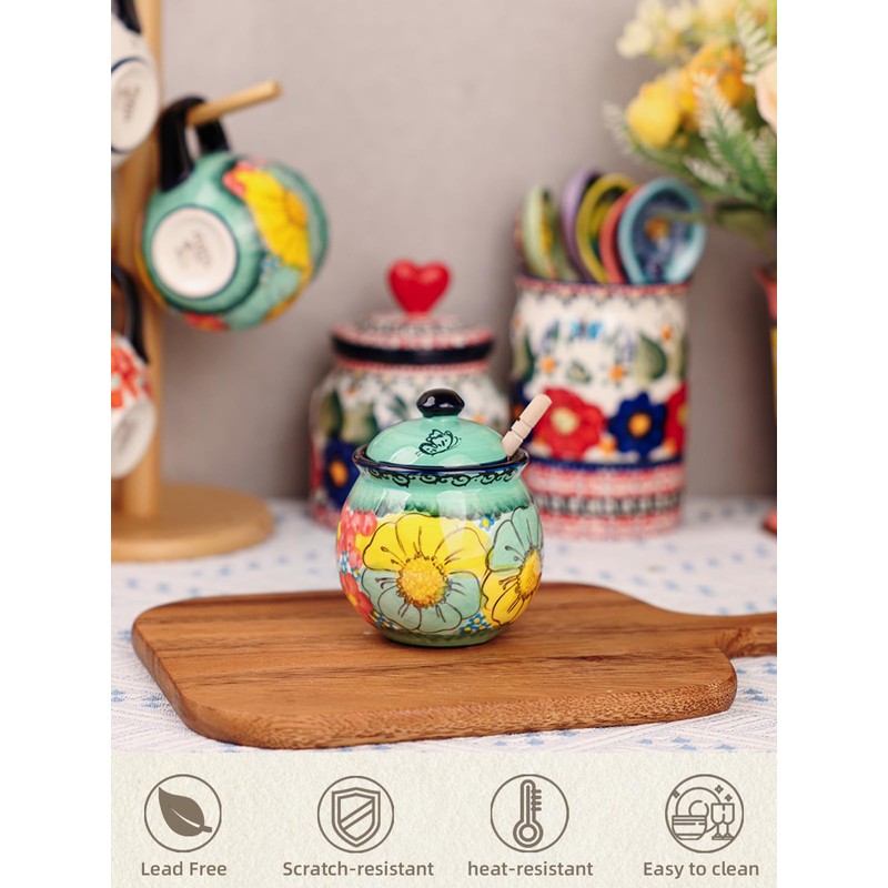 Hand-Painted Ceramic Honey Jar, 8 oz Honey Pot with Dipper