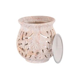 NKlaus Incense Burner 8.8 x 8.2 cm Soapstone with Incense Strainer - Hand Carved with Floral Flower Motif, for Resins, Herbs, Meditation & Decoration 16678