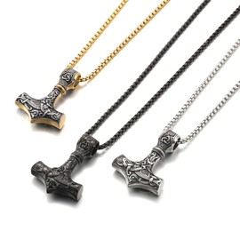 AFSTALR Viking Jewellery Men's Necklace Thor's Hammer Necklace - Nordic Mythology Mjolnir Viking Runes Hammer Stainless Steel Chain Viking Gifts for Men 50/60/70 cm Silver/Black/Gold, Stainless Steel