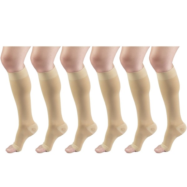 30-40 mmHg Compression Stockings for Men and Women, Knee High Length, Open Toe Beige 2X-Large (6 Pairs)