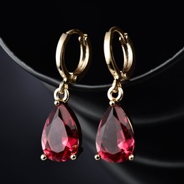 MASOP Ruby Zirconia Leverback Teardrop Dangle Earrings Gold Tone