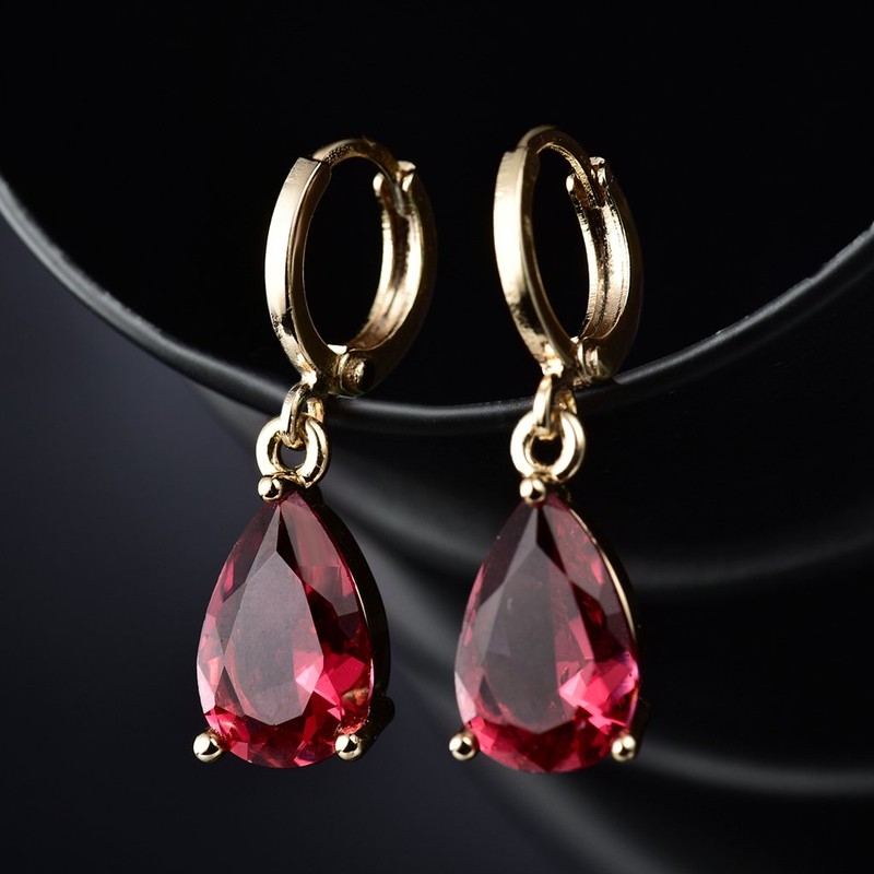 MASOP Ruby Zirconia Leverback Teardrop Dangle Earrings Gold Tone