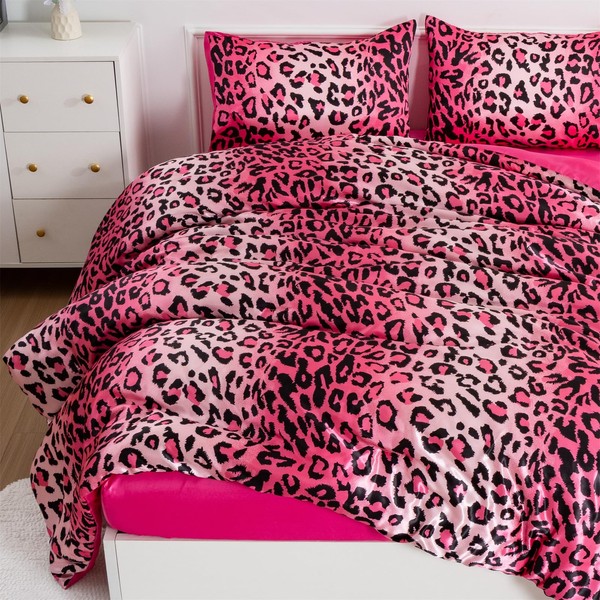 A Nice Night Leopard Printed,Satin Silky Soft Quilt Sexy Luxury Super Soft Microfiber Comforter Quilt Bedding 5PCS Comforter Set, Light Weighted (Pink, Queen(88-by-88-inches))