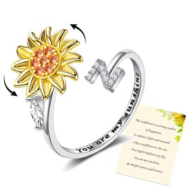 Women's Sunflower Initial Letter Spinner Ring Open Adjustable Ring CZ Rings Daisy Stress Relief Ring Jewellery Gift for Women Girls, Non-precious metal