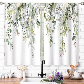 oolygoo Eucalyptus Botanical Leaves Floral Kitchen Window Curtains Over Sink Farmhouse Flower Leaf Small Window Treatment Sage Green Cafe Short Curtains for Bathroom Treatment Tier Drapes 26x24 inch